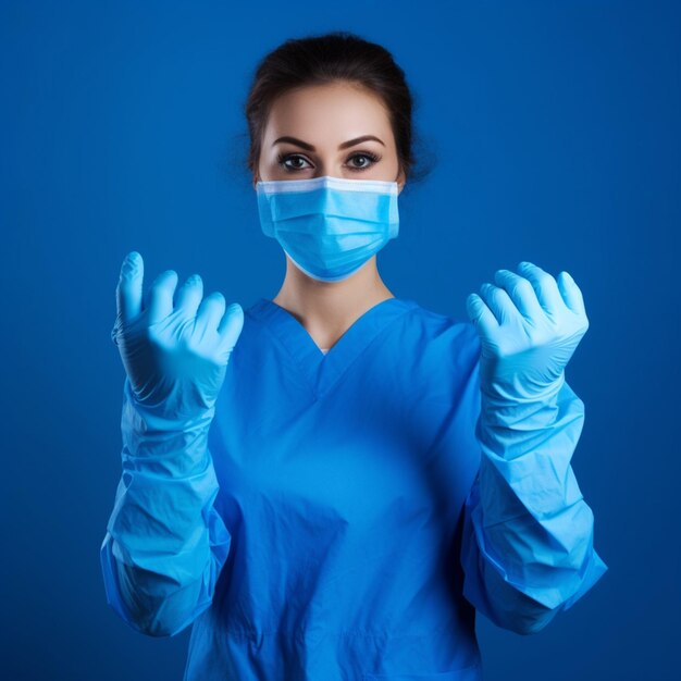 Woman doctor wears medical gloves over blue background