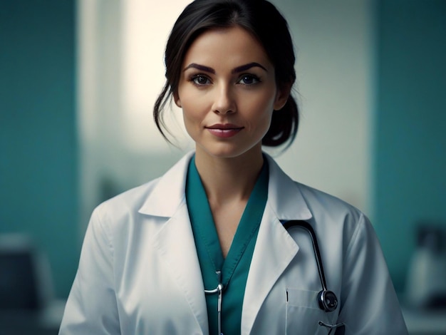 A woman doctor in white lab coat and adorned with a stethoscope around her neck