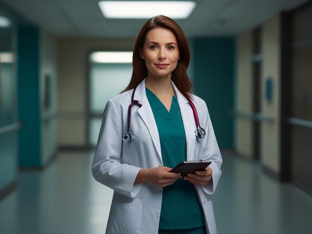 A woman doctor in white lab coat and adorned with a stethoscope around her neck