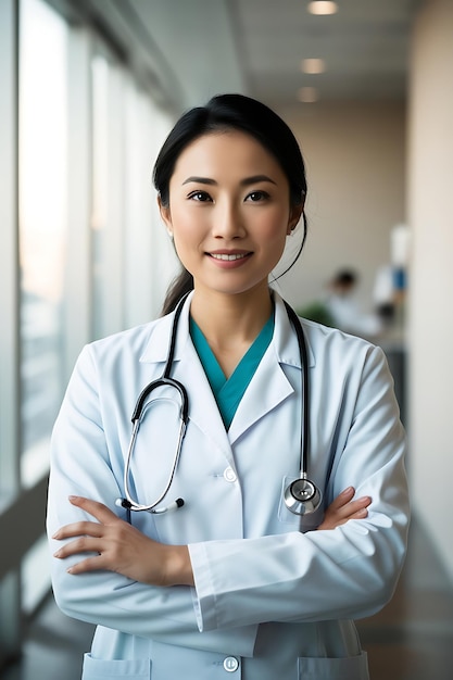 Photo woman doctor in a white lab coat is standing in front of a window