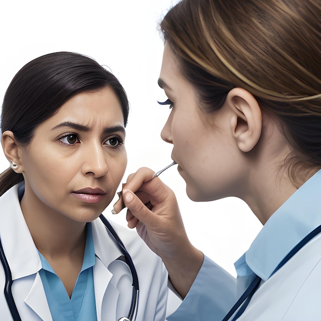 A woman doctor with a makeup on her face is looking at another woman