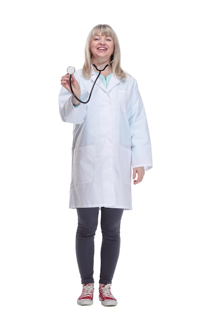 Woman doctor with a stethoscope in her hands isolated on a white background