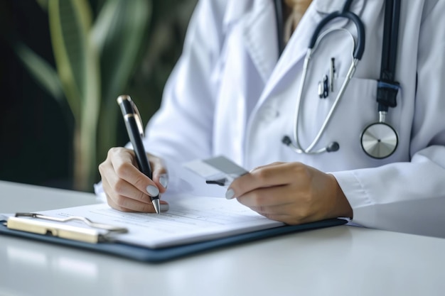 A woman doctor writing on a clipboard