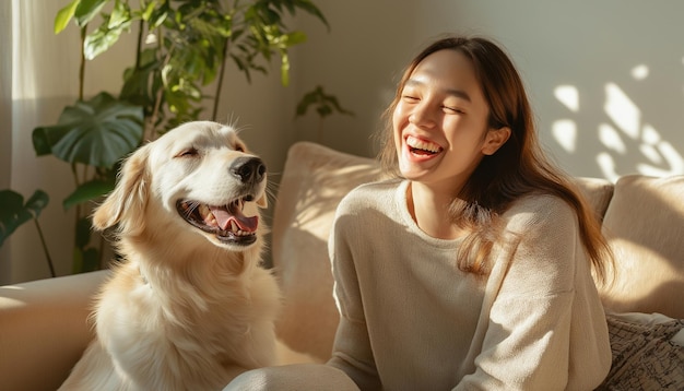 a woman and a dog are smiling and the woman is smiling