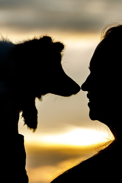 Woman and dog silhouettes on sunset clouds.