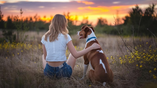 a woman and a dog sit in a field with the sunset behind them