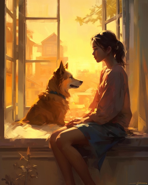 A woman and a dog sit in a window looking out at the sunset.