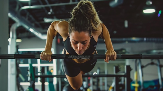 a woman doing a barbell with a barbell in the background