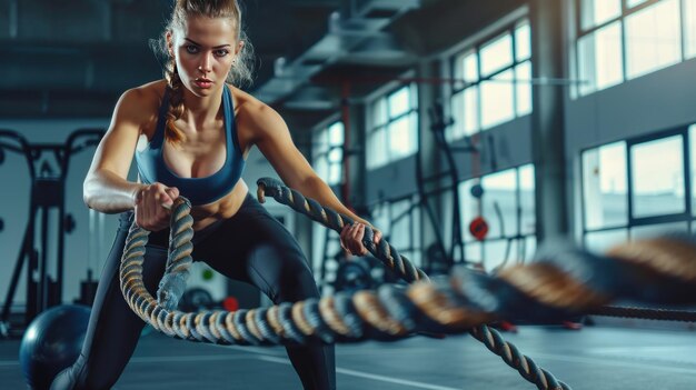 Photo woman doing battle rope exercises in gym