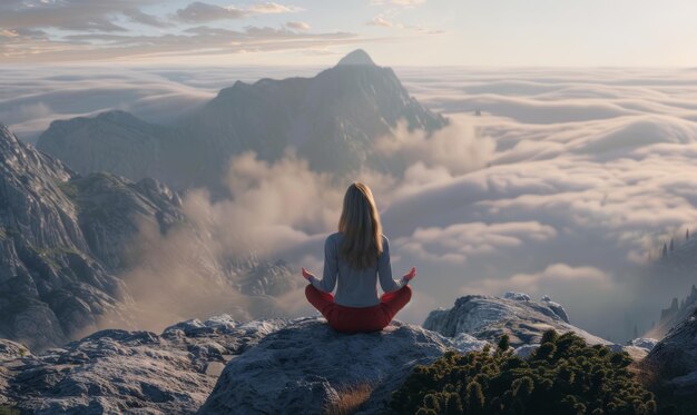 Photo woman doing breathing exercises on a mountaintop with a panoramic view