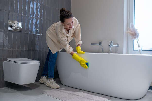 A woman doing cleaning at home and disinfecting the bathroom