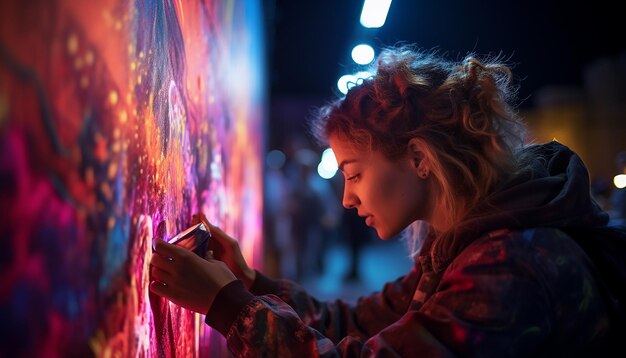 Woman doing cyberpunk graffiti art with spray paint on the street