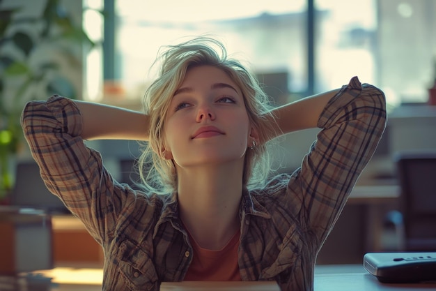 woman doing gentle neck and shoulder stretches while sitting at her desk in an office