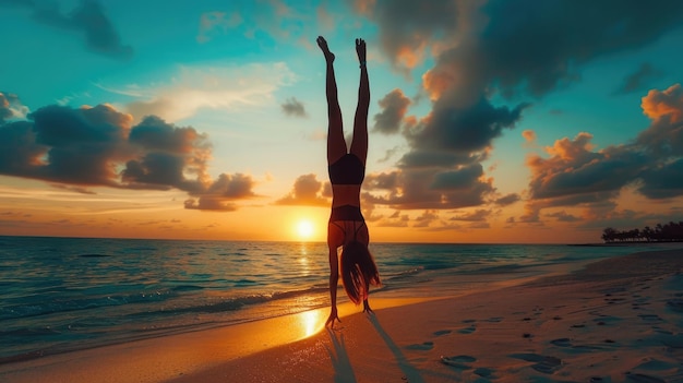 A woman doing a handstand on the beach at sunset displaying balance strength and wellness aig