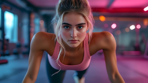 Photo a woman doing push ups on a mat with a pink shirt that says quot she is doing a squat quot