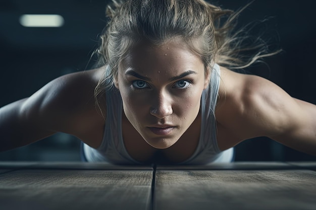 A woman doing push ups on a wooden floor