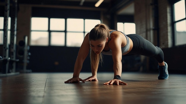 Photo a woman doing push ups on a wooden floor