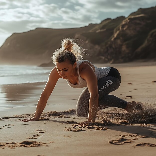 Photo woman doing a workout on the beach