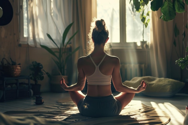 Woman doing yoga on bed suitable for health and wellness concepts