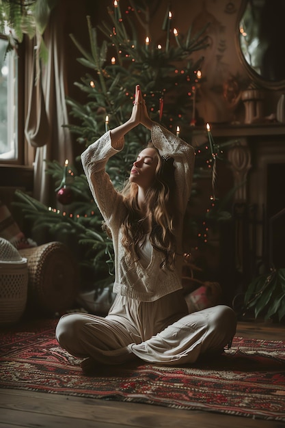 Photo woman doing yoga cottagecore christmas