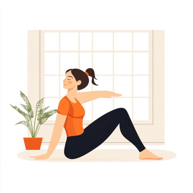 a woman doing yoga exercises with a plant in the background