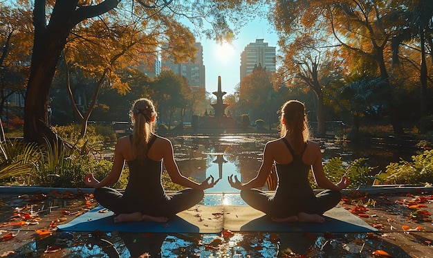 a woman doing yoga in front of a lake with the sun shining through the trees