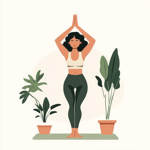 Photo a woman doing yoga in front of plants and a sign that says  yoga