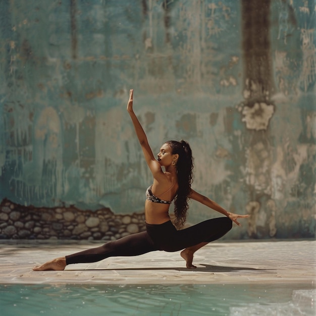 Photo a woman doing yoga in front of a wall with a sign that says quot yoga quot