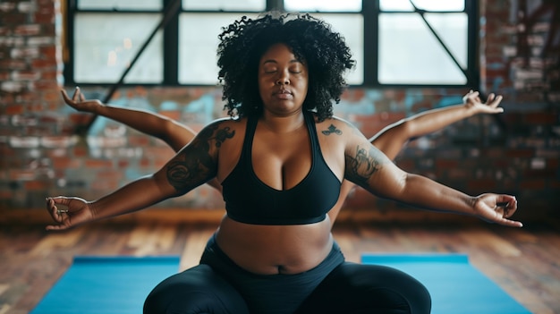 a woman doing yoga in a gym with her arms outstretched