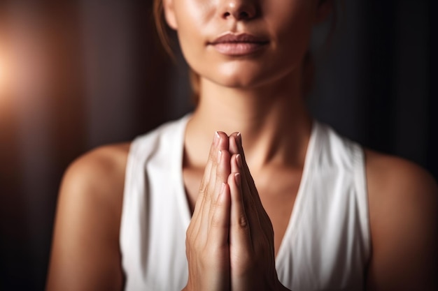 Woman doing yoga meditation and peace in a studio with instructor closeup created with generative ai