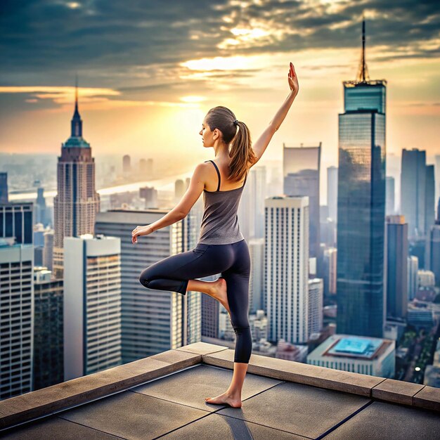 Woman doing yoga on the roof of a skyscraper in big city