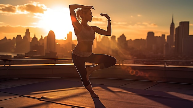 A woman doing yoga on a rooftop in the city