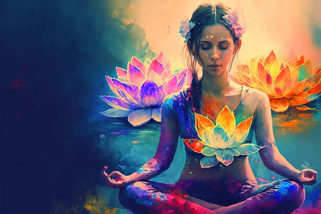 Woman Doing Yoga With Lotus Flowers And Chakra Gradient Colors Spiritual Contemplation