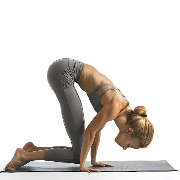 a woman doing yoga on a yoga mat with the word yoga on it