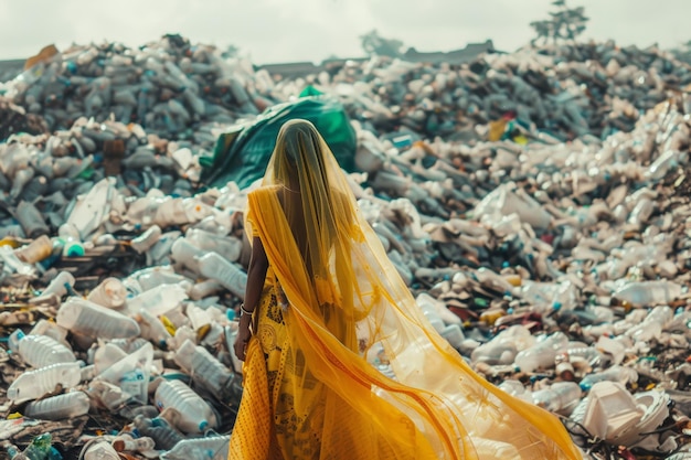 Photo woman draped in vibrant yellow amidst a wasteland contrasting beauty and neglect