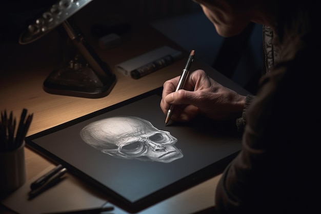 A woman drawing a skull on a paper with a pen.