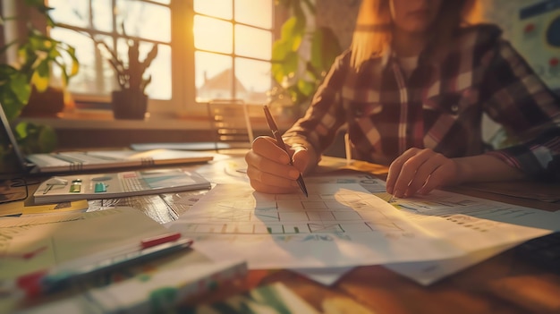 A woman draws on a large sheet of paper at a desk with sunlight streaming