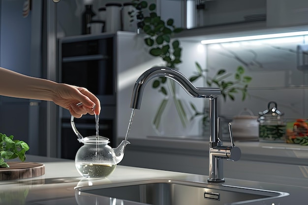 Woman draws water from a faucet into a glass teapot in a modern kitchen