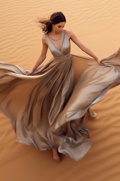 A woman in a dress in the desert