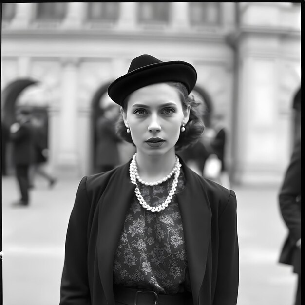 Photo a woman in a dress and hat stands in front of a building