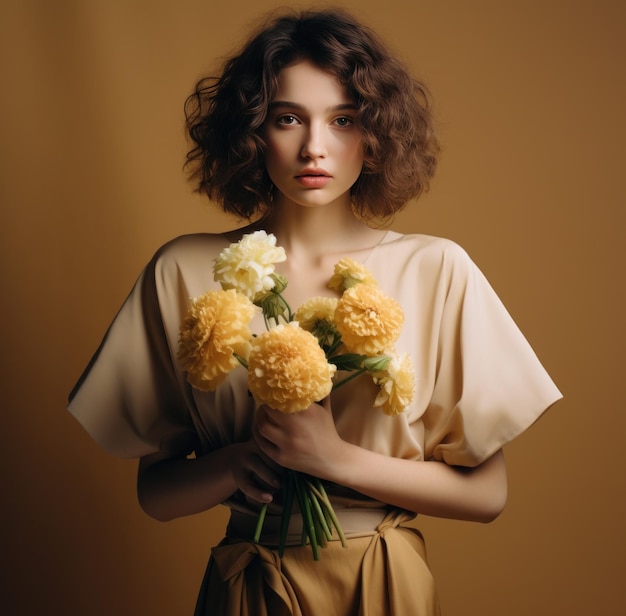 woman in dress holding bouquet of flowers