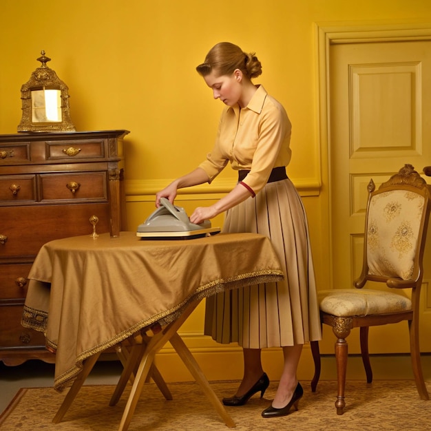 Photo a woman in a dress is cutting a book on a table