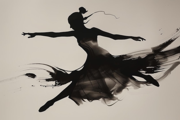 Photo a woman in a dress is dancing in the air dancers silhouette leaping gracefully the movement of her dress animated by negative space