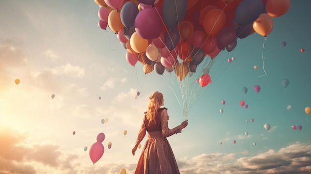 A woman in a dress is flying with a bunch of balloons in the sky.