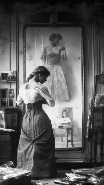 Photo a woman in a dress is looking at a painting in a room with a painting of a woman in the background