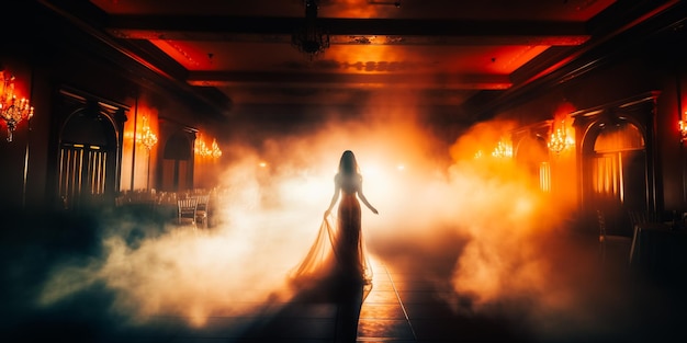 A woman in a dress is silhouetted against a smokey background.