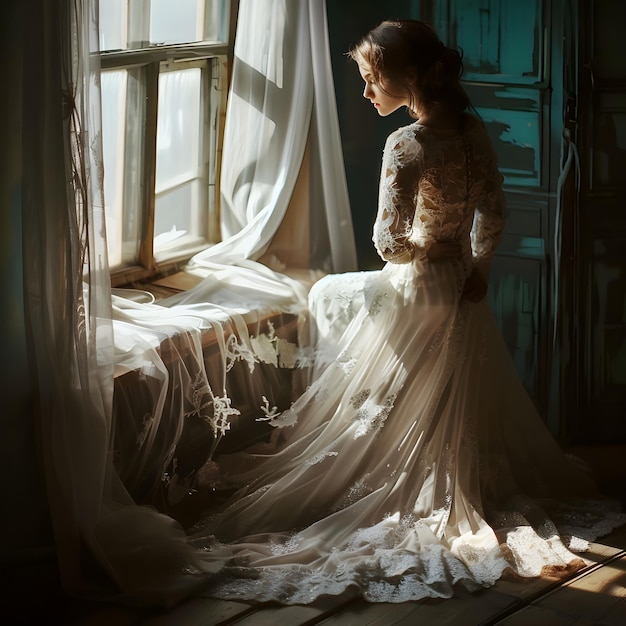 a woman in a dress is standing by a window with a curtain that says quot shes a lady quot