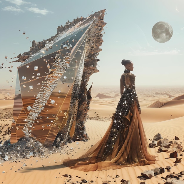 Photo a woman in a dress is standing in the desert with a building in the background