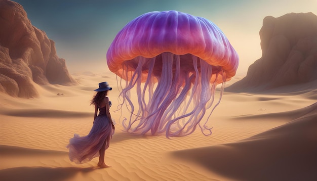 a woman in a dress is standing in the desert with a purple jellyfish