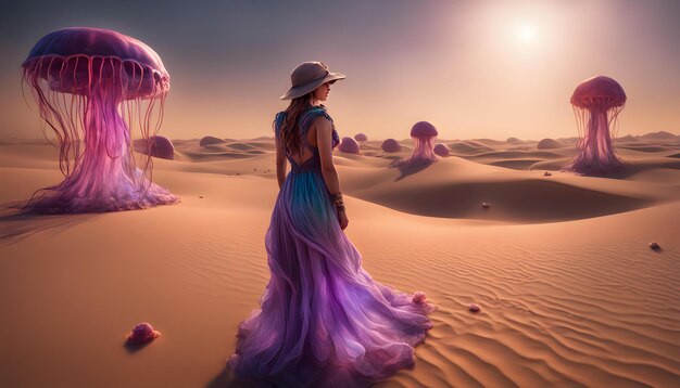 a woman in a dress is standing in the desert